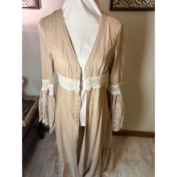 Venus Women's US 2 Boho Bell Sleeve Crochet Trim Maxi Cardigan Duster Sand Tan - Picture 11 of 11